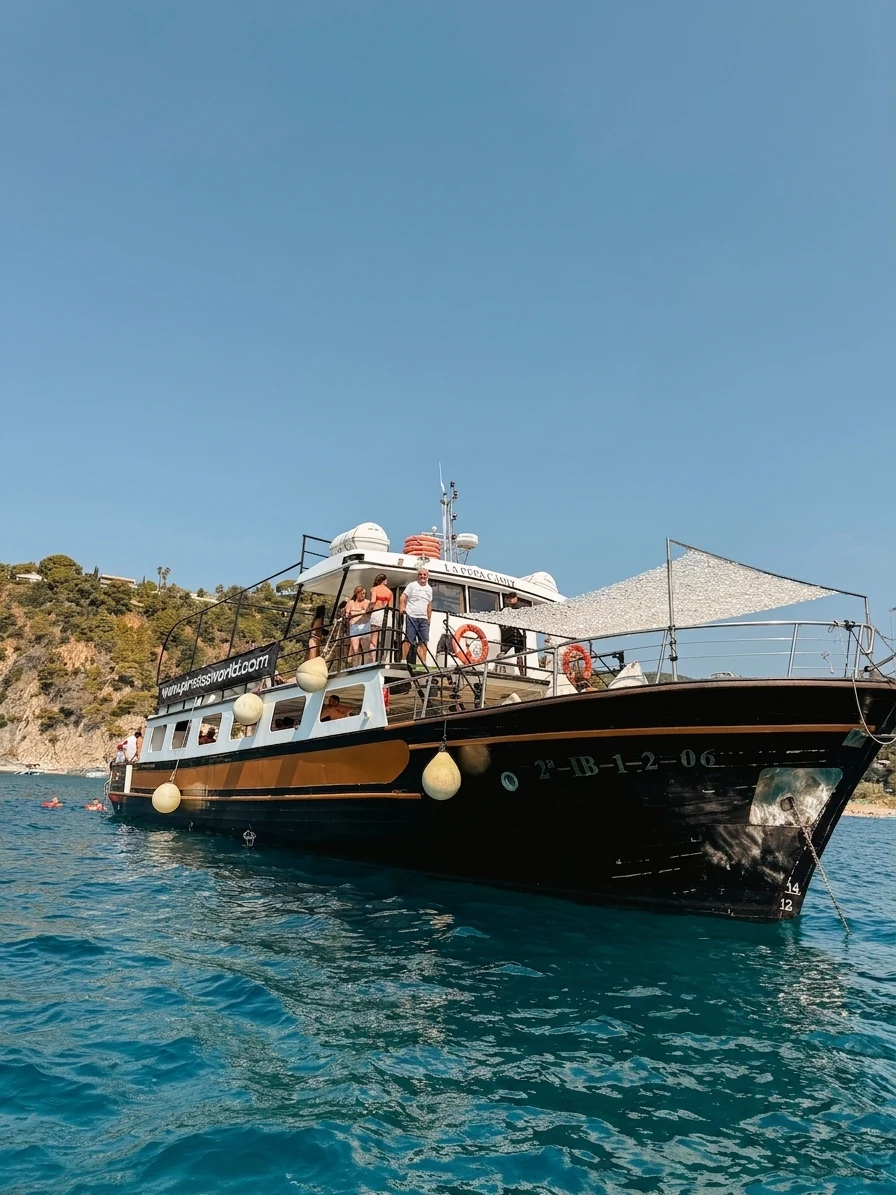 Grupo a bordo del barco Atlantis durante un evento privado en la Costa Brava